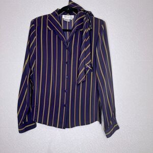 Worth Striped Silk Button Front Blouse with Sash 10
